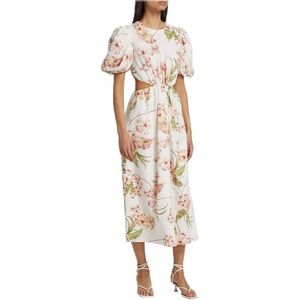 WAYF Floral Cut Out Midi Dress Medium White Puff Sleeve Linen Blend Spring